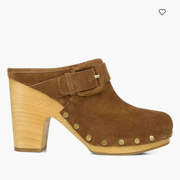 Veronica Beard Cognac Sued Mule/Clog Golden tone Studs wood heals Mint condition - Picture 1 of 14